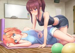 Rule 34 | 2girls, absurdres, all fours, bare shoulders, black shirt, black shorts, blue eyes, blue shirt, blue shorts, blush, breasts, brown hair, commentary request, eye contact, girl on top, hair ornament, highres, indoors, lic (licloud28), looking at another, lying, medium breasts, multiple girls, on side, orange hair, original, ponytail, purple eyes, shirt, short hair, shorts, sidelocks, sportswear, thighs, whiteboard, yuri