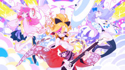 Rule 34 | 3girls, abstract background, absurdres, animal ear fluff, animal ears, animal print, bear hair ornament, black bow, black choker, black legwear, blonde hair, blue bow, blue hair, blue skirt, bow, breasts, bright pupils, buro (muse dash), candy, candy apple, cat, cat ears, choker, cleavage, cloud, commentary request, cowboy shot, earrings, electric guitar, floating hair, floral print, flower, food, from side, full body, furisode, guitar, hair between eyes, hair bow, hair ornament, high ponytail, highres, holding, holding candy, holding food, holding instrument, holding umbrella, instrument, japanese clothes, jewelry, kimono, liba (leo8d), long hair, long sleeves, looking at viewer, marija (muse dash), miniskirt, multicolored hair, multiple girls, muse dash, music, nail polish, obi, off shoulder, official art, open mouth, outline, pink eyes, pink hair, pink kimono, playing instrument, pleated skirt, print kimono, purple bow, rabbit print, red kimono, red nails, rin (muse dash), sandals, sash, short kimono, skirt, socks, star-shaped pupils, star (symbol), star print, streaked hair, symbol-shaped pupils, thighhighs, umbrella, white flower, white kimono, white legwear, white pupils