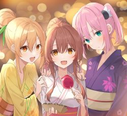 Rule 34 | 3girls, :d, blonde hair, brown eyes, chiyoda momo, floral print, food, green eyes, hair ornament, highres, hinatsuki mikan, holding, holding food, japanese clothes, kanaria hisagi, kimono, long hair, looking at viewer, machikado mazoku, multiple girls, obi, open mouth, pink hair, print kimono, purple kimono, red hair, sash, short hair, smile, white kimono, yellow kimono, yoshida yuuko (machikado mazoku)