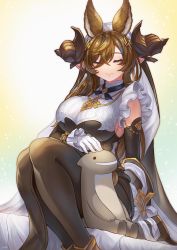 Rule 34 | 1girl, animal ears, asymmetrical hair, breasts, brown hair, closed eyes, detached sleeves, frilled sleeves, frills, galleon (granblue fantasy), gloves, granblue fantasy, hair between eyes, highres, horns, long hair, pointy ears, solo, stuffed toy, veil, very long hair, white gloves, yuiko (yuiyuiko 108)