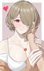 Rule 34 | 1boy, 1girl, absurdres, border, breasts, brown hair, cleavage, dress, haerge, hair over one eye, hand on another&#039;s cheek, hand on another&#039;s face, heart, heart necklace, highres, honkai (series), honkai impact 3rd, jewelry, large breasts, long sleeves, looking at viewer, medium breasts, mole, mole under eye, nail polish, necklace, pov, pov hands, purple eyes, rita rossweisse, short hair, smile, white border