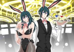 Rule 34 | 1boy, 1girl, alcohol, animal ears, arm under breasts, blue eyes, bow, bowtie, breasts, byleth (female) (fire emblem), byleth (fire emblem), byleth (male) (fire emblem), card, casino, cleavage, cup, detached collar, detached sleeves, dress shirt, drinking glass, fake animal ears, fire emblem, fire emblem: three houses, green hair, hair between eyes, holding, holding card, holding plate, large breasts, leotard, long hair, looking at viewer, nintendo, plate, playboy bunny, rabbit ears, rex 12jp, shirt, short hair, vest, wine, wine glass