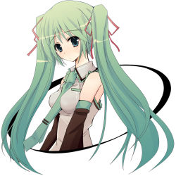 Rule 34 | 1girl, breasts, detached sleeves, female focus, green eyes, green hair, hatsune miku, long hair, matching hair/eyes, necktie, rikudou inuhiko, simple background, solo, twintails, very long hair, vocaloid, white background