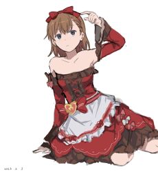 Rule 34 | 1girl, apron, arm at side, bare shoulders, black eyes, bow, brown hair, collarbone, cowboy shot, cross-laced clothes, cross-laced dress, detached sleeves, dress, empty eyes, expressionless, frilled dress, frills, gacha, hair bow, hand up, highres, lolita fashion, long sleeves, medium hair, misaka imouto, necktie, official alternate costume, open mouth, parted bangs, pointing, reclining, red necktie, ribbon trim, sitting, sketch, solo, takatisakana, toaru majutsu no index, waist apron, white apron, white background