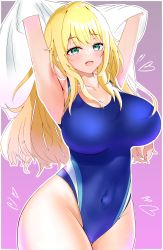 Rule 34 | absurdres, armpits, atago (kancolle), blonde hair, blue one-piece swimsuit, breasts, cleavage, competition swimsuit, covered navel, cowboy shot, gradient background, green eyes, hair between eyes, heart, highres, huge breasts, impossible clothes, impossible swimsuit, kantai collection, karin1537, large breasts, long hair, looking at viewer, one-piece swimsuit, open mouth, pink background, smile, swimsuit, undressing