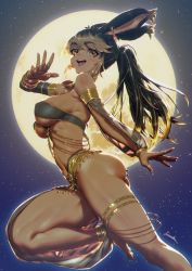 Rule 34 | 1girl, animal ears, ass, barefoot, black hair, breasts, brown eyes, commission, dancer, dark-skinned female, dark skin, detached sleeves, final fantasy, final fantasy xiv, from side, full moon, highres, jewelry, kionaoki, long hair, looking at viewer, medium breasts, moon, open mouth, ponytail, rabbit ears, ring, skindentation, sky, solo, star (sky), starry sky, viera, warrior of light (ff14)