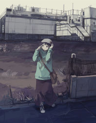 Rule 34 | 1990s (style), 1girl, bad id, bad pixiv id, bag, brown hair, building, casual, hair ornament, hairclip, hand on own head, hanno, hat, highres, iwakura lain, long skirt, messenger bag, oversized clothes, retro artstyle, scenery, serial experiments lain, shoes, short hair, shoulder bag, skirt, sneakers, solo, stairs