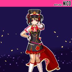 Rule 34 | 1girl, artist name, artist request, back bow, black footwear, black hair, black hat, black shirt, blush, bow, cape, detached legs, earrings, female focus, flower earrings, flower print, gloves, hair bow, hair ribbon, hand on own hip, hat, jewelry, looking at viewer, love live!, love live! school idol festival, love live! school idol festival all stars, love live! school idol project, noeejang, parted lips, polka dot, polka dot skirt, red bow, red cape, red eyes, red neckwear, red ribbon, red skirt, ribbon, shirt, shoes, short hair, skirt, smile, solo, twintails, waist cape, white gloves, white legwear, white shirt, yazawa nico