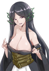 Rule 34 | 1girl, armpit peek, bare shoulders, black eyes, black hair, breasts, cleavage, collarbone, detached sleeves, dress, large breasts, long hair, long sleeves, looking at viewer, mahou tsukai no yome, parted bangs, parted lips, plant, sidelocks, smile, solo, strapless, strapless dress, titania (mahou tsukai no yome), upper body, very long hair, vines, wide sleeves, wo jianqiang fu guo
