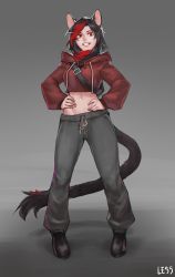 Rule 34 | 1girl, animal ears, artist name, black footwear, black hair, commentary, commission, crop top, drawstring, english commentary, full body, grey background, grey pants, grin, groin, hand on own hip, highres, hood, hood down, hoodie, less, long sleeves, looking at viewer, midriff, mouse ears, mouse tail, multicolored hair, navel, original, pants, red eyes, red hair, shoes, simple background, smile, solo, standing, streaked hair, tail, teeth, two-tone hair