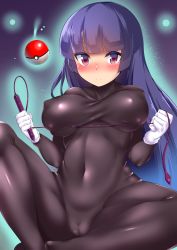 Rule 34 | 1girl, black bodysuit, blunt bangs, bodysuit, breasts, cameltoe, closed mouth, covered erect nipples, covered navel, creatures (company), deep skin, expressionless, eyebrows, floating, floating object, game freak, gloves, gym leader, highres, hitotsuki nebura, holding, holding weapon, large breasts, leg up, long hair, looking at viewer, nintendo, pink eyes, pokemon, pokemon rgby, purple hair, sabrina (pokemon), sitting, skin tight, solo, spread legs, very long hair, weapon, whip, white gloves