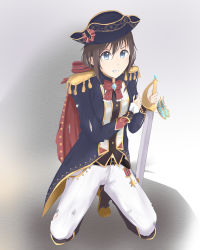 Rule 34 | 1girl, alternate hairstyle, aqua butterfly, aqua eyes, artist name, artist request, badge, belt, black belt, black footwear, black headwear, black vest, blue dress, blue eyes, blue jacket, blush, boots, bow, bowtie, breasts, brooch, brown hair, buttons, cape, cloak, coattails, diamond (gemstone), dress, epaulettes, female focus, frilled dress, frills, full body, grey background, hair between eyes, hair bow, hand on own arm, high heel boots, high heels, highres, holding, holding sword, holding weapon, jacket, jewelry, knee boots, long hair, long sleeves, looking at viewer, love live!, love live! nijigasaki high school idol club, love live! school idol festival, love live! school idol festival all stars, low ponytail, osaka shizuku, pants, pants under dress, parted lips, ponytail, red bow, red cape, red cloak, rose knight (love live!), sitting, sleeve cuffs, smile, solo, squatting, standing, striped bow, striped clothes, striped dress, sword, teeth, v-shaped eyebrows, vertical-striped clothes, vertical-striped dress, vest, weapon, white pants