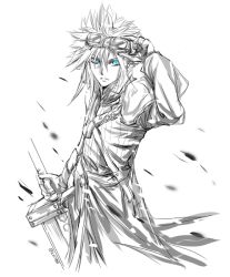 Rule 34 | 00s, 1990s (style), 1boy, blue eyes, cloud strife, final fantasy, final fantasy vii, final fantasy vii advent children, frown, gloves, goggles, goggles on head, krst00, looking at viewer, male focus, monochrome, signature, solo, spot color, sword, weapon