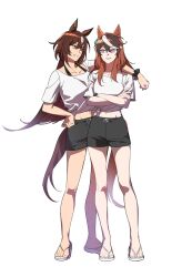 Rule 34 | 2girls, arm around shoulder, black male swimwear, black swim trunks, breasts, brown hair, collarbone, crossed arms, drawstring, ear ornament, earrings, flip-flops, full body, gaze on me! outfit (umamusume), groin, hand on own hip, highres, jewelry, long hair, looking at another, male swimwear, midriff, multicolored hair, multiple girls, navel, open mouth, pink eyes, red eyes, sandals, scrunchie, shirt, short sleeves, simple background, single earring, sirius symboli (umamusume), small breasts, smile, standing, streaked hair, swim trunks, swimsuit, symboli rudolf (umamusume), tied shirt, toes, ukka (0ukka ), umamusume, white background, white footwear, white shirt, wrist scrunchie