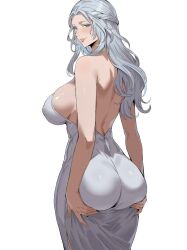 Rule 34 | 1girl, alternate costume, ass, ass focus, ass support, backless dress, backless outfit, blue eyes, blush, braid, breasts, bright pupils, cowboy shot, deep skin, dress, final fantasy, final fantasy xiv, french braid, from behind, grey hair, hair intakes, highres, huge breasts, jamjamstyle, jpeg artifacts, long hair, looking at viewer, parted bangs, pink lips, shiny clothes, side slit, sidelocks, simple background, smile, solo, venat (ff14), white background, white dress, white pupils