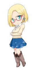 1girl blonde_hair blush claudia_madobe earrings female_focus glasses highres jewelry microsoft_windows pout red-framed_eyewear semi-rimless_eyewear simple_background solo sweater under-rim_eyewear