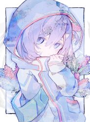 Rule 34 | 1girl, adjusting collar, arm at side, armband, blue armband, blue flower, blue jacket, border, bouquet, closed mouth, commentary, english commentary, flower, hair between eyes, hair ornament, hairclip, hand up, high collar, highres, hood, hood up, hooded jacket, hyacinth, jacket, long sleeves, looking at viewer, original, outside border, pink flower, pocket, purple eyes, purple hair, sleeves past wrists, solo, soresaki, upper body, white border, white flower