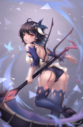 Rule 34 | 1girl, absurdres, ahoge, ass, bad id, bad pixiv id, bare shoulders, benghuai xueyuan, black footwear, black hair, black panties, blue sleeves, blue thighhighs, blush, bug, butterfly, commentary request, detached collar, detached sleeves, grey background, hair ornament, high heels, highres, holding, holding weapon, honkai (series), honkai impact 3rd, insect, kie (wylee2212), leaning forward, long sleeves, looking at viewer, looking back, orange eyes, panties, parted lips, scythe, seele (alter ego), seele vollerei, seele vollerei (swallowtail phantasm), short hair, signature, smoke, solo, striped clothes, striped thighhighs, thighhighs, triangle, underwear, vertical-striped clothes, vertical-striped thighhighs, weapon