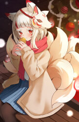 Rule 34 | 1girl, absurdres, animal ear fluff, animal ears, bench, black pantyhose, blue skirt, blush, brown jacket, christmas, christmas ornaments, christmas tree, commission, facial mark, feet out of frame, food, fox ears, fox girl, fox mask, fox tail, gumi (virtual hertz), highres, holding, holding food, jacket, long sleeves, looking at viewer, mask, mask on head, moepu., multicolored hair, open clothes, open jacket, pantyhose, pixiv commission, pleated skirt, red eyes, red hair, red scarf, scarf, shirt, short hair, sitting, skirt, solo, streaked hair, tail, taiyaki, virtual hertz, wagashi, whisker markings, white hair, white shirt