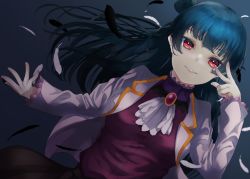 Rule 34 | 1girl, artist name, artist request, bat necklace, black feathers, black skirt, blue hair, blush, bow, breasts, buttons, cardigan, devil rocker (love live!), dress shirt, feathers, female focus, gem, gloves, green gemstone, hair bow, hair bun, hair ribbon, jacket, jewelry, long hair, long sleeves, looking at viewer, love live!, love live! school idol festival, love live! school idol festival all stars, love live! sunshine!!, medium breasts, miniskirt, neckerchief, necklace, outstretched hand, parted lips, pink eyes, plaid, plaid skirt, pleated, pleated skirt, purple detached collar, purple eyes, purple shirt, red bow, red eyes, red ribbon, ribbon, shirt, side bun, single hair bun, skirt, smile, solo, teeth, tsushima yoshiko, v, v over eye, white cardigan, white feathers, white gloves, white jacket, white neckerchief