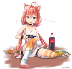 Rule 34 | 1girl, ahoge, animal ear fluff, animal ears, asymmetrical legwear, bike shorts, blue eyes, bottle, cat ears, chips (food), choker, coca-cola, collarbone, commentary request, food, food in mouth, hair between eyes, highres, hinata channel, long hair, looking at viewer, low twintails, minowa sukyaru, mismatched legwear, motion lines, mouth hold, nekomiya hinata, pink hair, playstation controller, potato chips, shirt, sitting, solo, striped clothes, striped thighhighs, thighhighs, translation request, twintails, twitter username, very long hair, virtual youtuber, wristband
