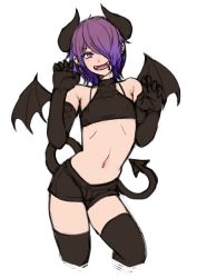 Rule 34 | 2n5, androgynous, bare shoulders, claw pose, demon tail, earrings, elbow gloves, fangs, gender request, gloves, hair over one eye, highres, horns, jewelry, lip piercing, mikel-kun, navel, piercing, purple eyes, purple hair, shorts, tagme, tail, thighhighs, trap, turtleneck, wings