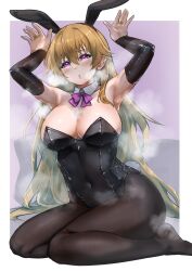 Rule 34 | 1girl, absurdres, animal ears, armpits, arms up, black hairband, black leotard, blush, border, bow, bowtie, breasts, brown hair, brown pantyhose, cleavage, closed mouth, commentary request, covered navel, detached collar, detached sleeves, fake animal ears, fake tail, foot out of frame, hair between eyes, hairband, half-closed eyes, highres, hundred brazil, jewelry, konoe kanata, large breasts, leotard, long hair, long sleeves, looking at viewer, love live!, love live! nijigasaki high school idol club, no shoes, outside border, pantyhose, playboy bunny, purple background, purple bow, purple bowtie, purple eyes, rabbit ears, rabbit pose, rabbit tail, raised eyebrows, ring, sitting, solo, steaming body, strapless, strapless leotard, sweat, tail, very long hair, wariza, wavy hair, white border
