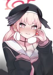 Rule 34 | 1girl, beret, black hat, black shirt, black wings, blue archive, blush, closed mouth, halo, hat, head wings, highres, koharu (blue archive), long hair, long sleeves, oddman1234, pink eyes, pink hair, red halo, revision, sailor collar, sailor shirt, shirt, simple background, solo, twintails, upper body, white background, white sailor collar, wings