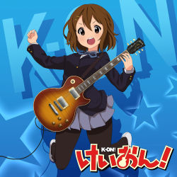 Rule 34 | 1girl, absurdres, asanaya, black pantyhose, blue background, brown eyes, brown hair, buttoned cuffs, buttons, commentary request, copyright name, electric guitar, grey skirt, guitar, hair ornament, hairclip, hand up, highres, hirasawa yui, holding, holding plectrum, instrument, k-on!, open mouth, pantyhose, pleated skirt, plectrum, school uniform, shoes, short hair, skirt, solo, teeth, tongue, upper teeth only