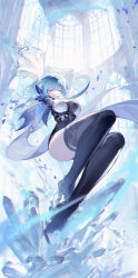 Rule 34 | 1girl, absurdres, arms up, black footwear, black hairband, blue cape, blue gloves, blue hair, blue necktie, boots, breasts, cape, center opening, chest harness, chromatic aberration, closed eyes, crystal sword, eula (genshin impact), floating, full body, genshin impact, gloves, hairband, hand on another&#039;s arm, harness, high-waist shorts, highres, ice crystal, indoors, knees up, large breasts, long sleeves, medium hair, necktie, parted bangs, parted lips, see-through cutout, shorts, sidelocks, solo, swept bangs, sword, thigh boots, thighs, weapon, white sleeves, wide sleeves, yu jiu