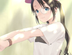 Rule 34 | 1girl, black hair, blue eyes, blurry, blurry background, blush, bow, breasts, closed mouth, dappled sunlight, glasses, green background, hair bow, hands up, hat, highres, idolmaster, idolmaster shiny colors, long hair, looking at viewer, mitsumine yuika, pachiko, pink hat, print shirt, shirt, short sleeves, small breasts, smile, solo, stretching, sunlight, twintails, upper body, watch, white-framed eyewear, white shirt, wristwatch, yellow bow