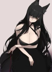 Rule 34 | 1girl, animal ears, arm under breasts, atago (azur lane), azur lane, bad id, bad twitter id, bare shoulders, black dress, black hair, breasts, brown eyes, cleavage, closed mouth, cowboy shot, criss-cross halter, dress, gradient background, halter dress, halterneck, head tilt, highres, large breasts, long hair, looking at viewer, mole, mole under eye, rrr ato, simple background, smile, solo, swept bangs