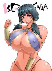 Rule 34 | 1girl, black hair, breasts, clenched hand, covered erect nipples, earrings, highres, huge breasts, jewelry, smile, twintails, wrato