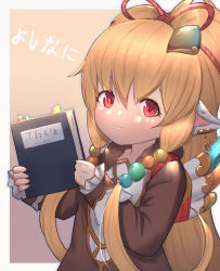 Rule 34 | 1girl, animal ears, blonde hair, book, brown background, brown dress, closed mouth, commentary request, dress, ear piercing, granblue fantasy, hair between eyes, hands up, harvin, highres, holding, holding book, long hair, long sleeves, looking at viewer, mahira (granblue fantasy), piercing, red eyes, sleeves past wrists, smile, solo, translation request, two-tone background, uneg, upper body, very long hair, white background