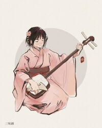 Rule 34 | 1girl, axis powers hetalia, bob cut, circle, closed eyes, flower, full body, genderswap, genderswap (mtf), grey background, hair flower, hair ornament, hand up, highres, holding, holding instrument, holding plectrum, instrument, japan (hetalia), japanese clothes, kimono, long sleeves, music, outstretched arm, pink flower, pink kimono, pink theme, playing instrument, plectrum, shamisen, sitting, solo, tea (candyfoxx), translated, wide sleeves