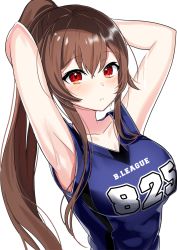 Rule 34 | .live, 1girl, :&lt;, armpits, arms behind head, arms up, bad id, bad pixiv id, bare arms, bare shoulders, blue shirt, blush, breasts, brown hair, closed mouth, clothes writing, collarbone, hair between eyes, jersey, large breasts, long hair, looking at viewer, motsunuki, ponytail, red eyes, shirt, sidelocks, simple background, sleeveless, sleeveless shirt, solo, sportswear, sweat, upper body, virtual youtuber, white background, yaezawa natori