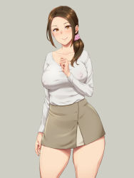 Rule 34 | 1girl, blush, breasts, brown eyes, brown hair, collarbone, covered erect nipples, forehead, grey background, large breasts, long hair, long sleeves, looking at viewer, mature female, no bra, original, ponytail, shikuta maru, shirt tucked in, simple background, skirt, smile, solo