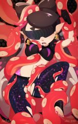 Rule 34 | 1girl, arms up, artist name, bad id, bad pixiv id, between breasts, black background, black gloves, black shirt, blush, breasts, breath, callie (splatoon), clenched hand, clitoris, crop top, dated, earrings, fang, feet, female focus, gloves, gradient hair, heart, highres, jewelry, long hair, medium breasts, merunyaa, midriff, mole, mole under eye, multicolored hair, nail polish, navel, nintendo, open mouth, pantyhose, patreon, patreon username, pixiv username, pointy ears, purple hair, purple pantyhose, pussy, pussy juice, restrained, shirt, short sleeves, signature, simple background, solo, splatoon (series), spread legs, sweat, teeth, tentacle hair, tentacle sex, tentacles, text focus, toes, torn clothes, torn pantyhose, torn shirt, uncensored, underboob, vaginal, visor, watermark