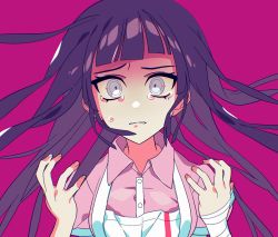 Rule 34 | 1girl, alternate eye color, apron, arare (op ed 000), asa me daiki, bad id, bad twitter id, bandaged arm, bandages, black hair, breasts, collared shirt, commentary request, danganronpa (series), danganronpa 2: goodbye despair, dress shirt, grey eyes, hands up, highres, large breasts, looking at viewer, mole, mole under eye, parted lips, pink background, pink shirt, shirt, simple background, solo, tears, teeth, tsumiki mikan, white apron