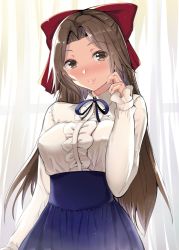 Rule 34 | 1girl, alternate costume, blouse, blush, bow, brown eyes, brown hair, commission, gin&#039;ichi (akacia), hair bow, hair intakes, half updo, high-waist skirt, jintsuu (kancolle), kantai collection, long hair, long sleeves, looking at viewer, meme attire, red bow, shirt, skeb commission, skirt, smile, solo, suspender skirt, suspenders, upper body, virgin killer outfit, white shirt