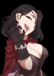 Rule 34 | 1girl, :d, absurdres, black background, black gloves, black hair, breasts, brown dust, brown eyes, cape, cleavage, eyepatch, foxy (brown dust), gloves, highres, large breasts, long hair, looking at viewer, mole, open mouth, rlin, simple background, smile, solo, teeth, tongue, tongue out, upper body
