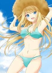 Rule 34 | 1girl, aqua bikini, arms up, bikini, blonde hair, blue eyes, breasts, chloe lemaire, cloud, day, girlfriend (kari), hat, holding, holding hat, large breasts, long hair, looking at viewer, navel, open mouth, rumia (compacthuman), sky, solo, stomach, swimsuit