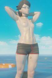 Rule 34 | 1girl, 3d, absurdres, armpits, arms behind head, arms up, beach, black eyes, black hair, black shorts, blue sky, blush, boruto: two blue vortex, breasts, day, earrings, food, fruit, glasses, highres, horizon, jewelry, leg tattoo, looking at viewer, navel, nipples, ocean, outdoors, self-upload, short hair, short shorts, shorts, sky, small breasts, solo, stomach, sweat, swim ring, tattoo, thighs, tomboy, topless, uchiha sarada, valenok, water, water drop, watermelon, wet, wet clothes
