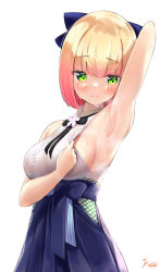 Rule 34 | 1girl, absurdres, arm up, armpits, bare arms, blonde hair, blue skirt, blush, breasts, closed mouth, gradient hair, green eyes, high-waist skirt, highres, hololive, kon (07263545), large breasts, looking to the side, momosuzu nene, multicolored hair, pink hair, shirt, short hair, sideboob, signature, simple background, skirt, sleeveless, sleeveless shirt, solo, sweat, virtual youtuber, white background, white shirt