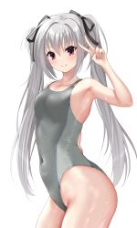Rule 34 | 1girl, absurdres, breasts, competition swimsuit, cowboy shot, dracu-riot!, elena olegovna owen, grey hair, grey one-piece swimsuit, hair ribbon, highres, long hair, looking at viewer, medium breasts, ncontrail (mgax7527), one-piece swimsuit, red eyes, ribbon, simple background, smile, solo, swimsuit, twintails, two-tone swimsuit, white background