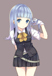 Rule 34 | 10s, 1girl, bad id, bad pixiv id, black skirt, blue eyes, blue hair, blunt bangs, bow, bowtie, brown background, gloves, hand in own hair, hatsukaze (kancolle), kantai collection, leaning forward, looking at viewer, matching hair/eyes, neck ribbon, nerunnn, pleated skirt, ribbon, shirt, silver hair, simple background, skirt, solo, standing, vest, white gloves, white shirt, yellow bow, yellow bowtie
