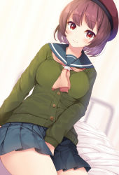 Rule 34 | 1girl, bed, beret, between legs, blue skirt, blush, brown hair, cardigan, commentary request, dutch angle, green cardigan, hand between legs, hat, hospital bed, infirmary, komone ushio, long sleeves, looking at viewer, miniskirt, neckerchief, on bed, original, paid reward available, pink neckerchief, pleated skirt, red eyes, school uniform, serafuku, short hair, sitting, skirt, smile, solo