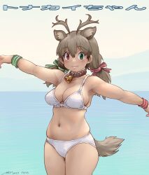 Rule 34 | 1girl, alternate costume, animal ears, antlers, bare shoulders, bell, bikini, blush, bow, breasts, brown collar, brown hair, collar, cowboy shot, deer ears, deer tail, extra ears, green bow, green eyes, hair bow, heterochromia, horns, kemono friends, large breasts, long hair, looking at viewer, medium breasts, midriff, multicolored hair, navel, neck bell, nyororiso (muyaa), ocean, red bow, red eyes, reindeer (kemono friends), reindeer antlers, reindeer girl, smile, solo, swimsuit, tail, translation request, twintails, white bikini, wristband