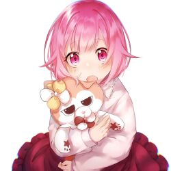 Rule 34 | 1girl, :o, blush, collared shirt, from above, highres, holding, holding stuffed toy, long bangs, long skirt, long sleeves, looking at viewer, nuko 0108, hugging object, ootori emu, open mouth, pink eyes, pink hair, project sekai, raised eyebrows, red skirt, shirt, short hair, sidelocks, simple background, skirt, solo, stuffed toy, upper body, white background, white shirt