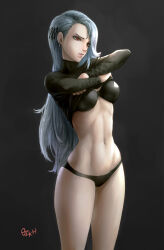 Rule 34 | 1girl, arms up, artist name, black background, black panties, black shirt, breasts, closed mouth, clothes lift, crossed arms, earrings, grey hair, hair ornament, hairclip, highres, jewelry, lifted by self, lips, long hair, long sleeves, medium breasts, navel, niijima sae, ozkh, panties, persona, persona 5, red eyes, shirt, shirt lift, solo, stomach, straight hair, thighs, turtleneck, underwear, undressing, very long hair